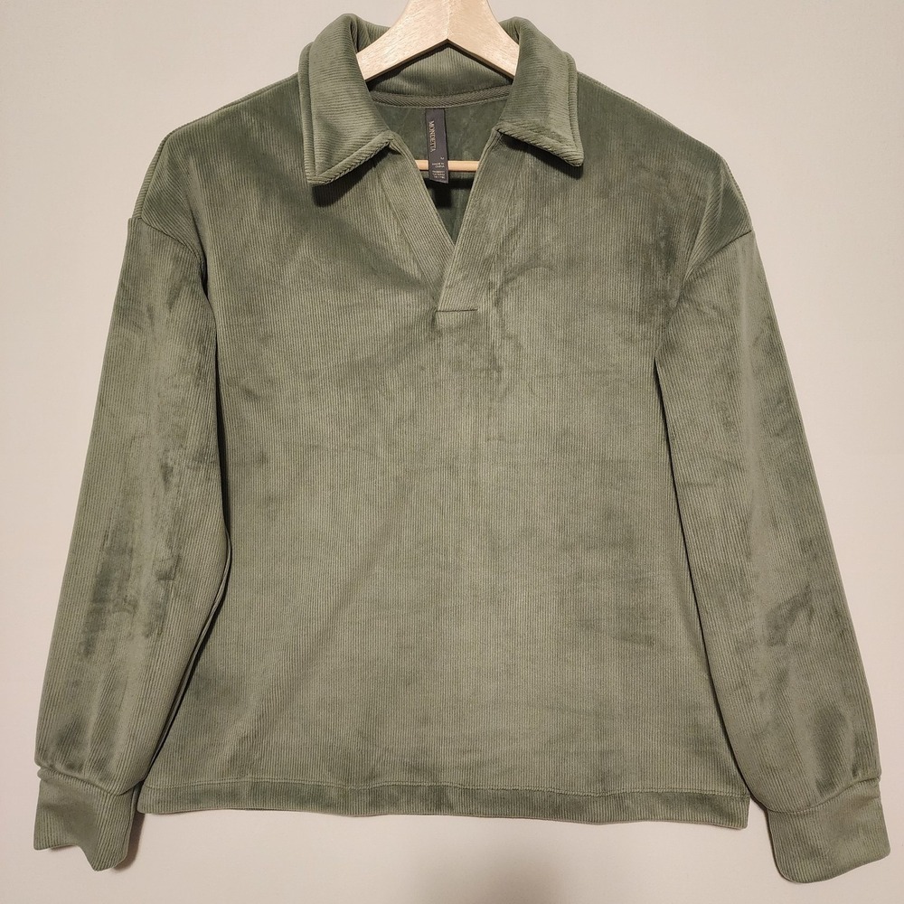 Mondetta Ribbed Velour Corduroy Polo Pullover Sage Green Size Medium